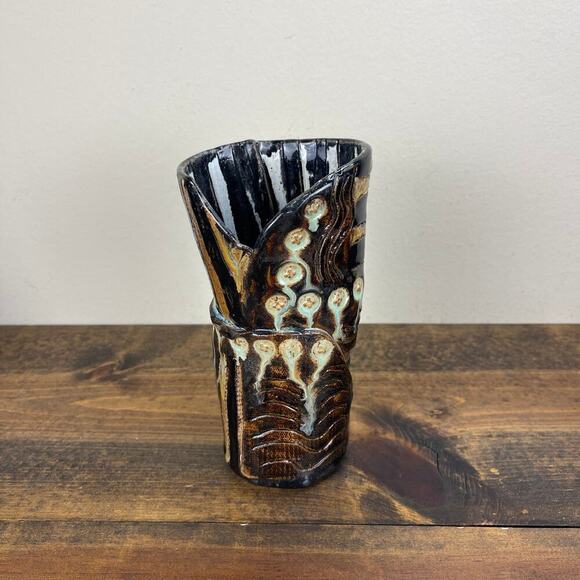 Japanese STYLE Swirl Ceramic 8" Vase Mingei Style Pottery Signed Tim Dunna? MCM - Picture 2 of 8